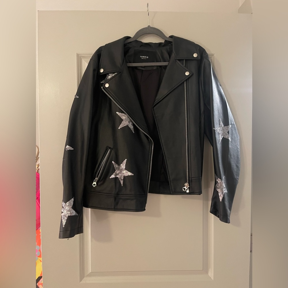 Torrid leather jacket with silver sequined star detailing